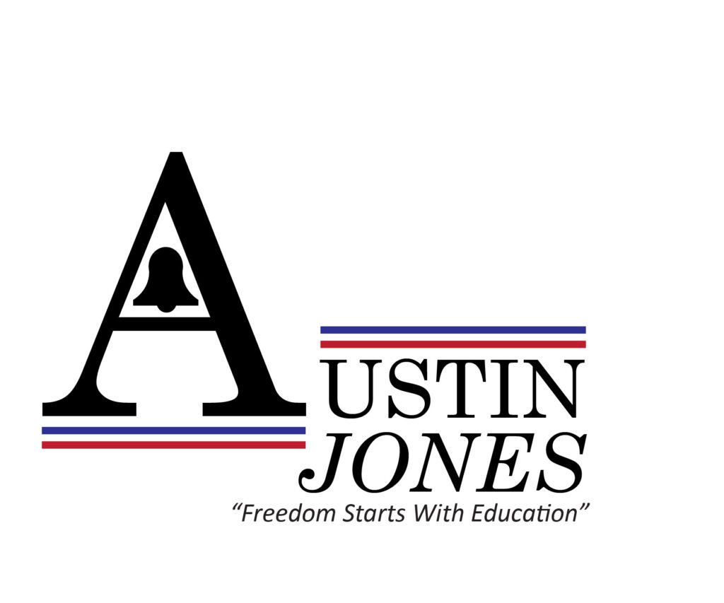 Austin Jones for Madison County School Board District 3 with a stylized A with a bell in it. Red and blue lines underneath the A and over ustin and jones.